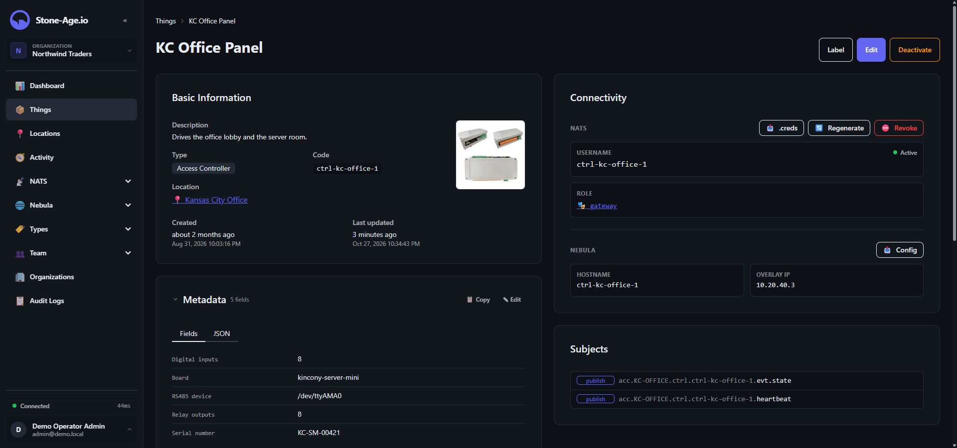 An access controller's thing page in the demo console: its inventory details, its NATS user and role, its Nebula host and overlay IP, and the subjects it publishes