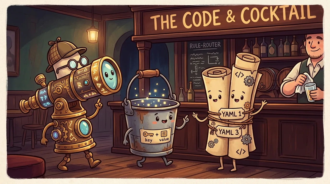 A face reader, a key-value bucket, and two YAML scrolls walk into a bar called The Code & Cocktail